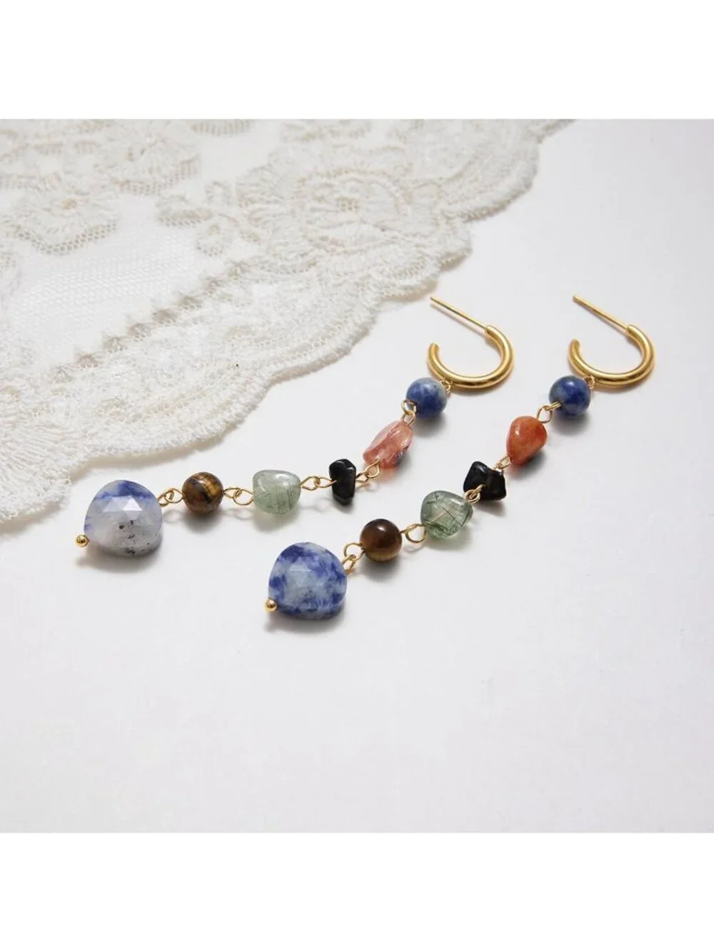 Bohemian Floral Gold Plated Turquoise Lapis Lazuli Drop Earrings, Retro Gift